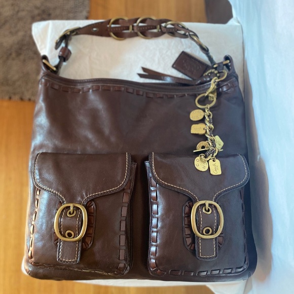 Vintage 2007 Bleecker Elisa Walnut Whipstitch Script Very Rare Coin Fob +Pouch - Picture 2 of 13